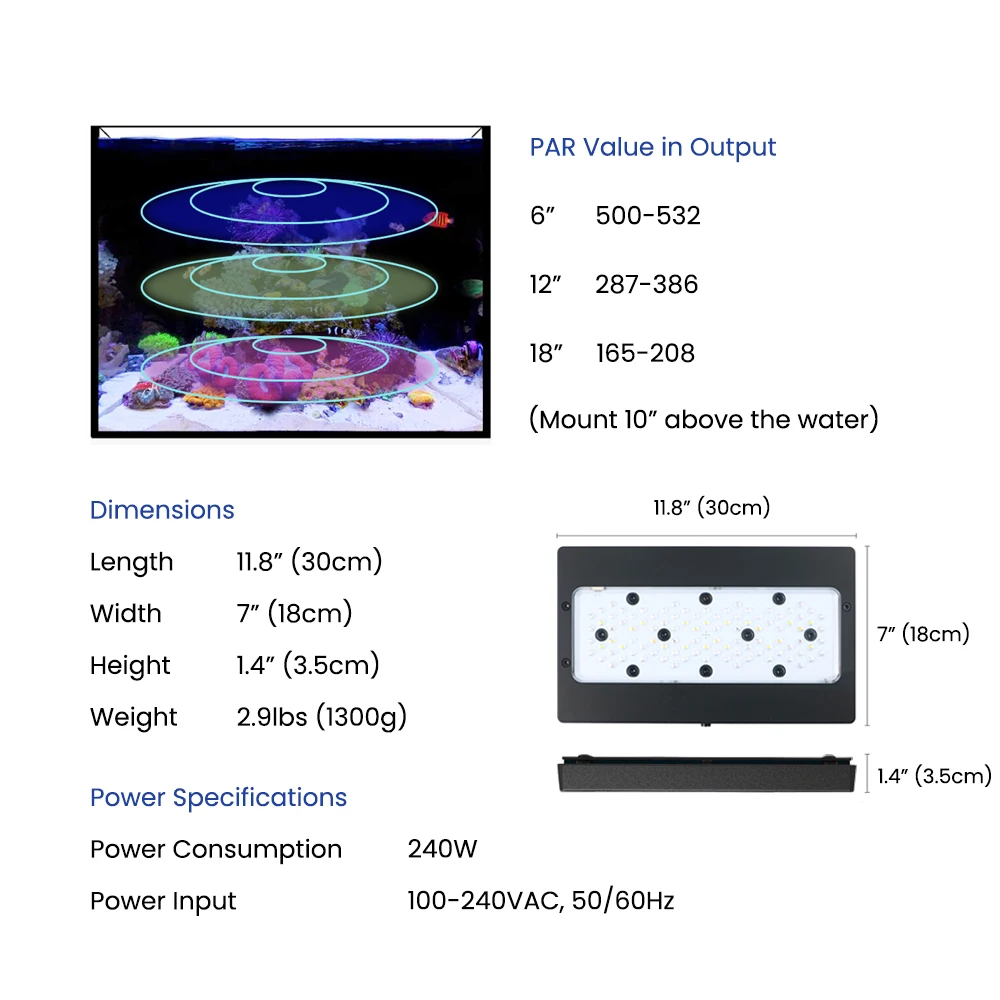 A8 PRO II Max and Blue 240W CREE LEDs Full Spectrum WiFi App Control Marine LED Aquarium Reef Light for Saltwater Fish Tank