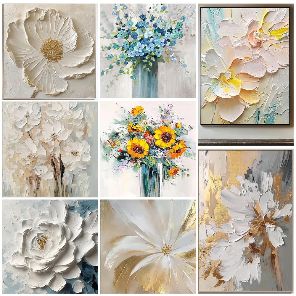 Handmade Acrylic Colorful Floral Minimalist Textured 3D Wall Art Abstract Flowers Paintings for Bedroom