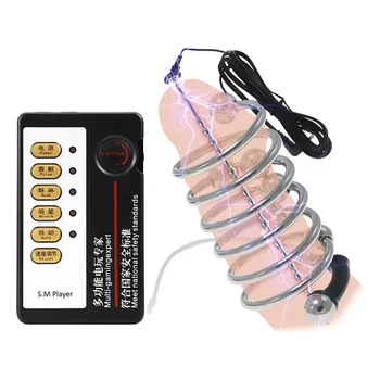 SM Electric Shock Stainless Steel Beads Urethral Dilators Long Electric Urethral Plug Cock Ring Set