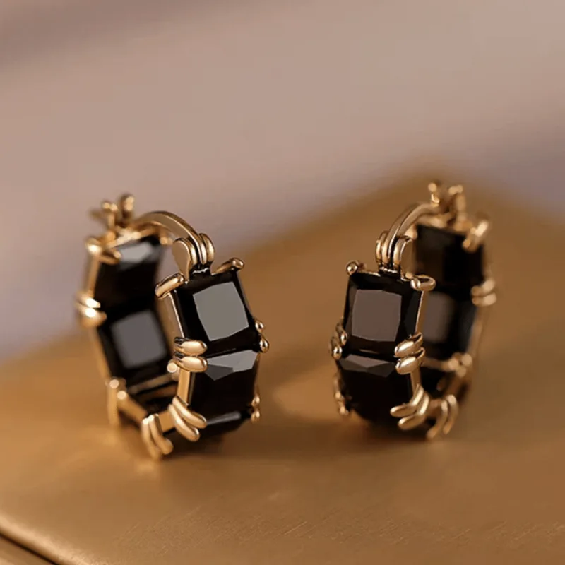 Elegant Black Crystal Zirconia Hoop Earrings