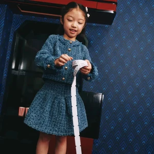 Customized Factory Girls  Kids Blue Tweed Top and Skirt Golden Button Girl Clothing Set Outfit