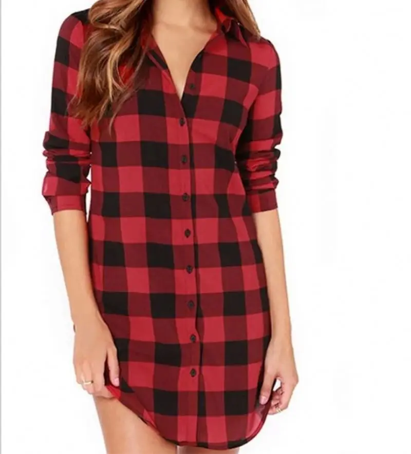 Оптовая продажа, новинка от производителя, женское платье-рубашка в клетку, с длинным рукавом, с отворотом, на пуговицах, длинные женские топы, блузка, рубашка
