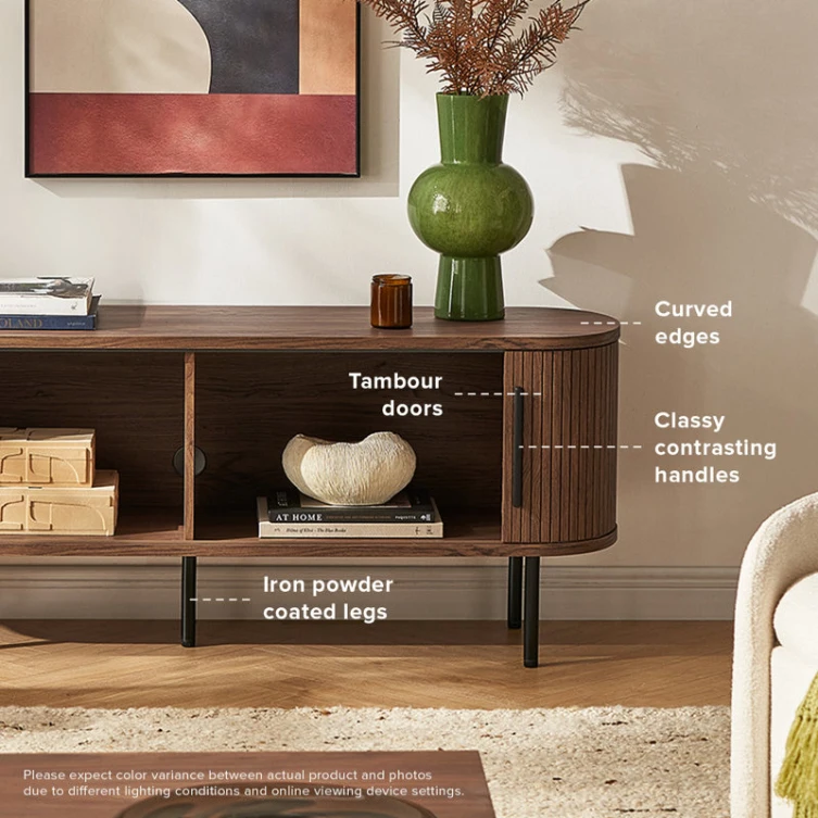 Factory Direct Brown Oak Rounded Curved Edges Tambour Door Media Console TV Cabinet Stand