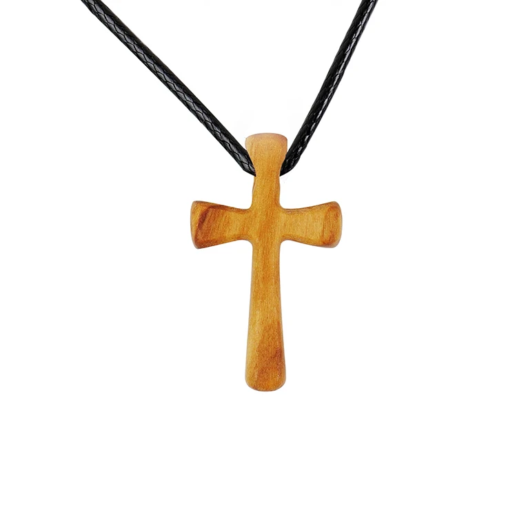 Hand-carved Olive Wood Cross Necklace For Men Women Adjustable