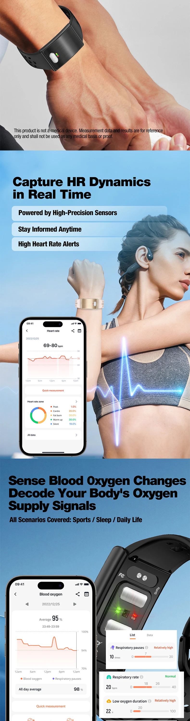 product 2026 es02 screenless smart bracelet body temperature ecg hrv heart rate sleep monitoring health fitness tracker sport smart band-5