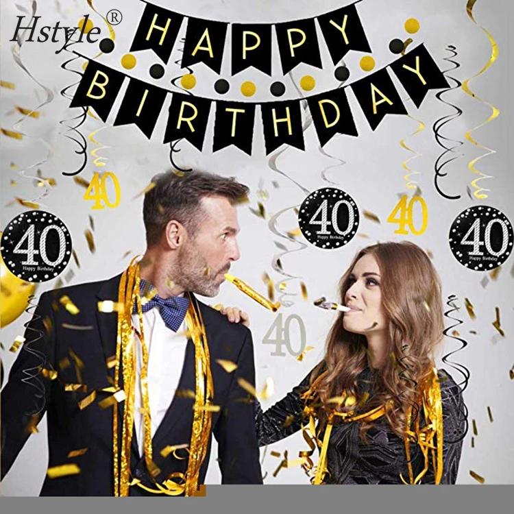 40th cumpleaños kit de decoraciones para hombres mujeres 40 años partido  negro oro feliz cumpleaños banner colgando remolinos globos set0611