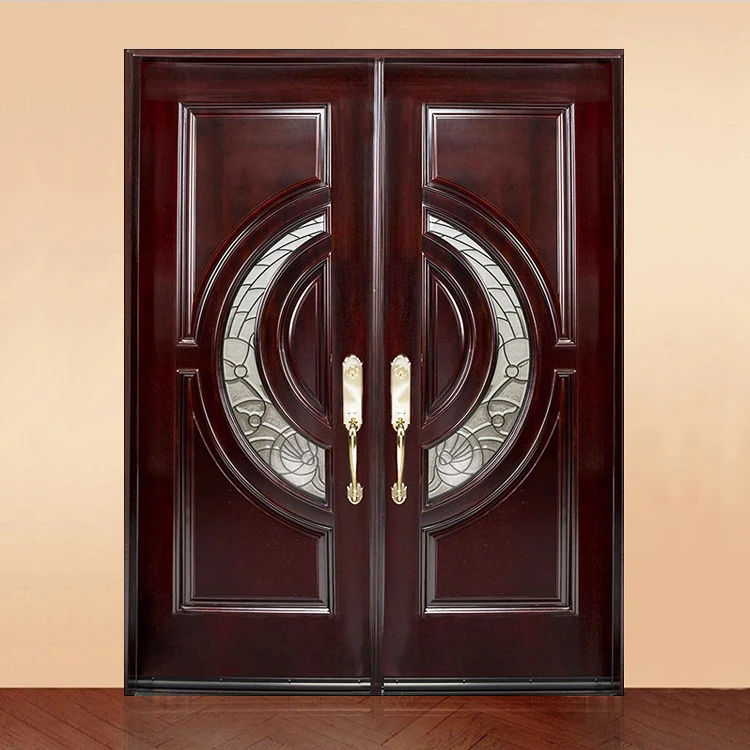 Outside Front Entry Mahogany Color Double Solid Wooden Main Entrance Gate Door Designs for House Villa Home Exterior