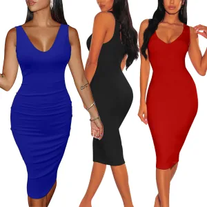 New Arrival V-neck Knee-Length Dress Sleeveless Solid Bodycon Dresses Club Dress Sexy