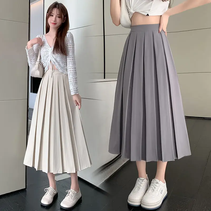 2023 Spring and Summer New Style with Shirt Coffee Color Pleated Half S Women's High Waist a Word in the Long Half214_voghion.com