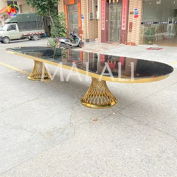 Canton Tower Base Wedding Events Banquet Table Oval 16ft Super Long Stainless Steel With Glass Top Dining Table