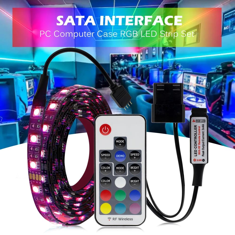 1M 2M SATA RGB LED Strip Light for Computer case Remote Control 12V 