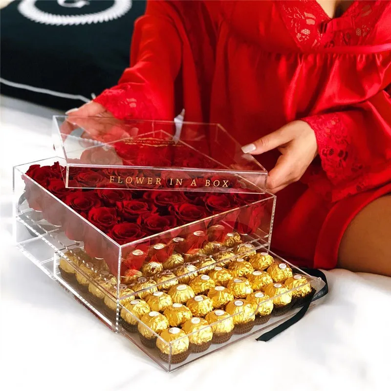 JAYI Waterproof Luxury Clear Acrylic Storage 25 Flower Preserved Rose Box with Drawer