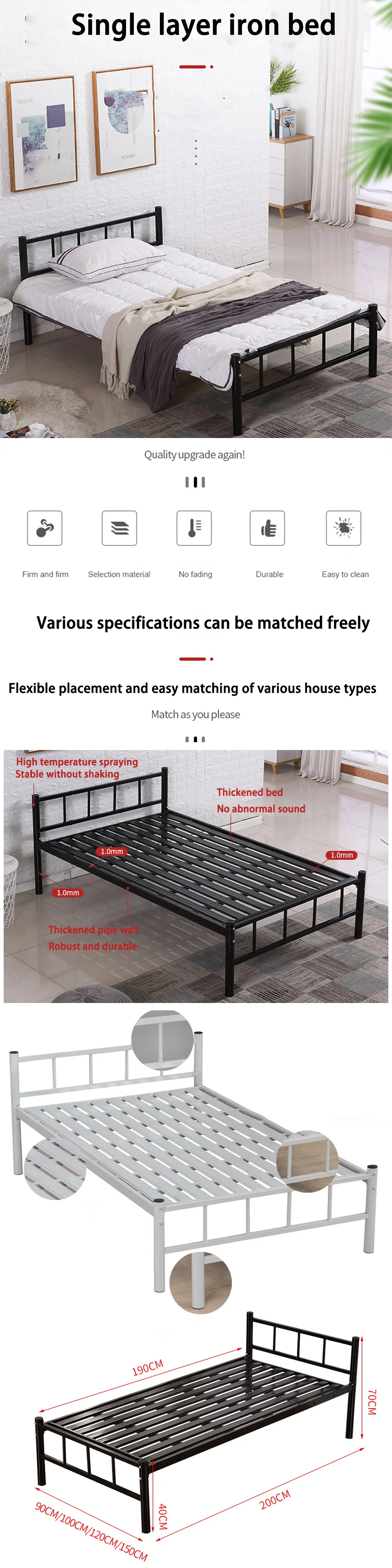 Latest Home Furniture Metal Steel Dormitory Wrought Beds Black Iron Pipe Bed Frame Simple Sturdy