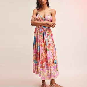 Factory New Design v Nevk Ladies Summer Sleeveless Dresses Custom Allover Floral Printed Women Sexy Maxi Cami Dress