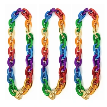 Haiwin Party Custom Metallic Rainbow Chain Link Bead Necklace for Gay Pride