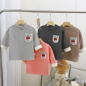 Customized Children's Warm Top Striped Fleece-Lined Thickened Inner Wear Half Neck Milk Silk Blend Boys Girls Clothes for Kids