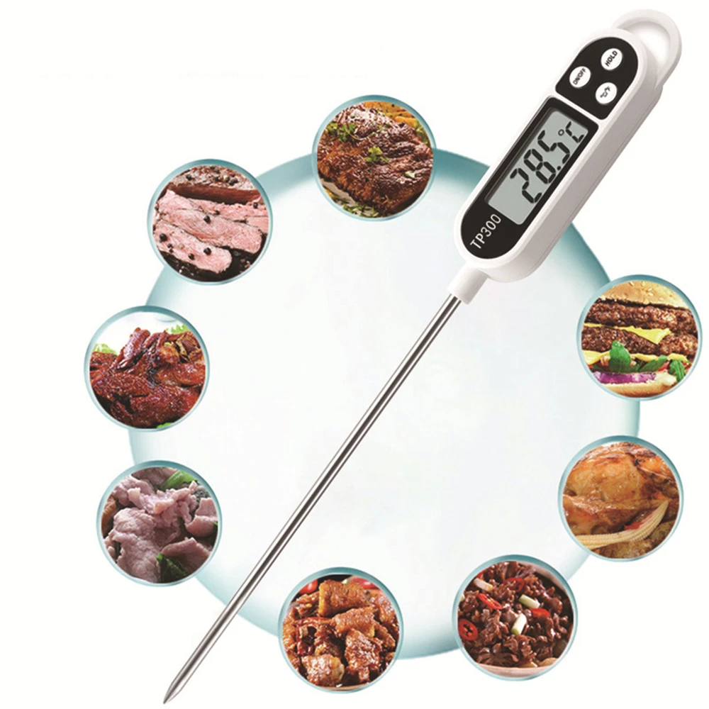 TP-300 digital food thermometer with real-time reading probe can be used for BBQ, meat, liquid, cooking temperature measurement