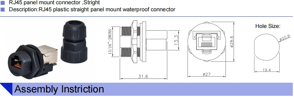 CuZn IP67 Panel Mount Waterproof Connector RJ45 Plastic 10mm Cable