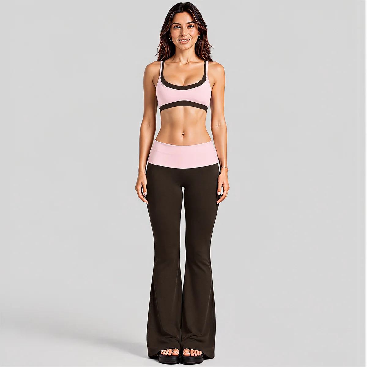 Contrast Color Yoga Bra and Flared Pants Set Double Layer Two Piece Activewear with Foldover Waistband — detail