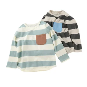 Customization Logo Spring Summer Boys T-shirts Long Sleeve Contrasting Striped 100% Cotton Kids Clothing