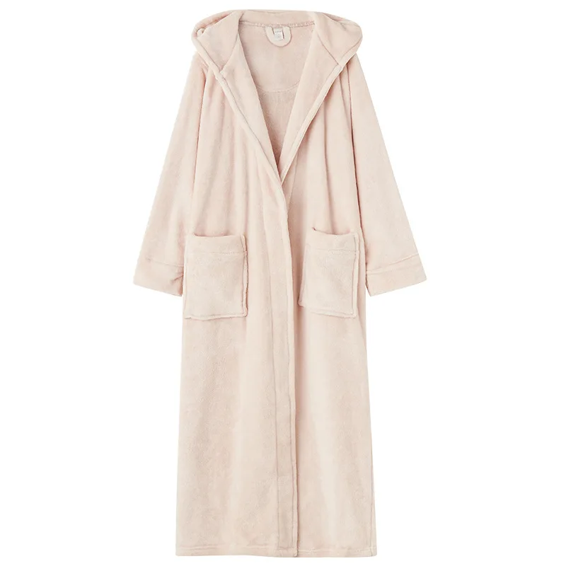 Autumn Winter Thickened Long Bathrobe Women's Winter Coral Fleece Men's Solid Hooded Pajamas Couple's Flannel Nightgown