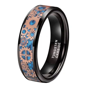 Coolstyle Jewelry 6mm Black Tungsten Ring Men Women Engagement Wedding Band Steampunk Gear Wheel Carbon Fiber Inlay Comfort Fit