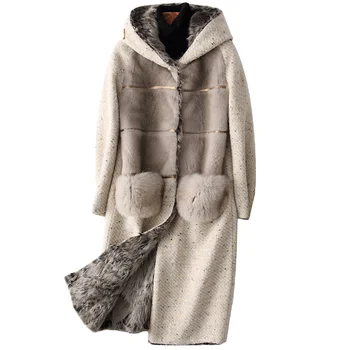 New arrival jtfur wholesale mink and fox fur coat silk fabric warm ladies lamb furs with hooded long parka
