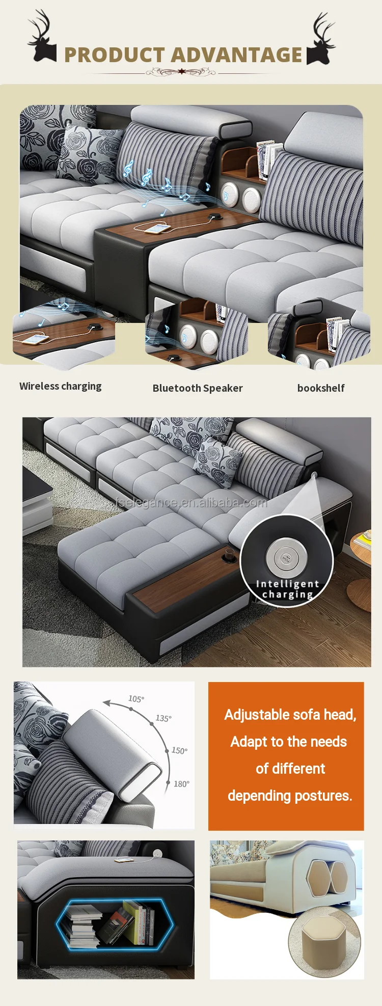 Sectional Nordic l Shape or U Shaped Reclining Modern Royal Sofa Set Fabric Sofa Cum Bed Living Room Sofa