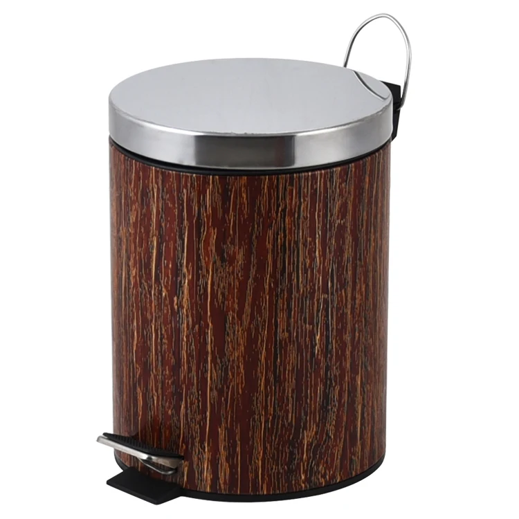 Metal trash can with wood grain step foot pedal kitchen dust bin