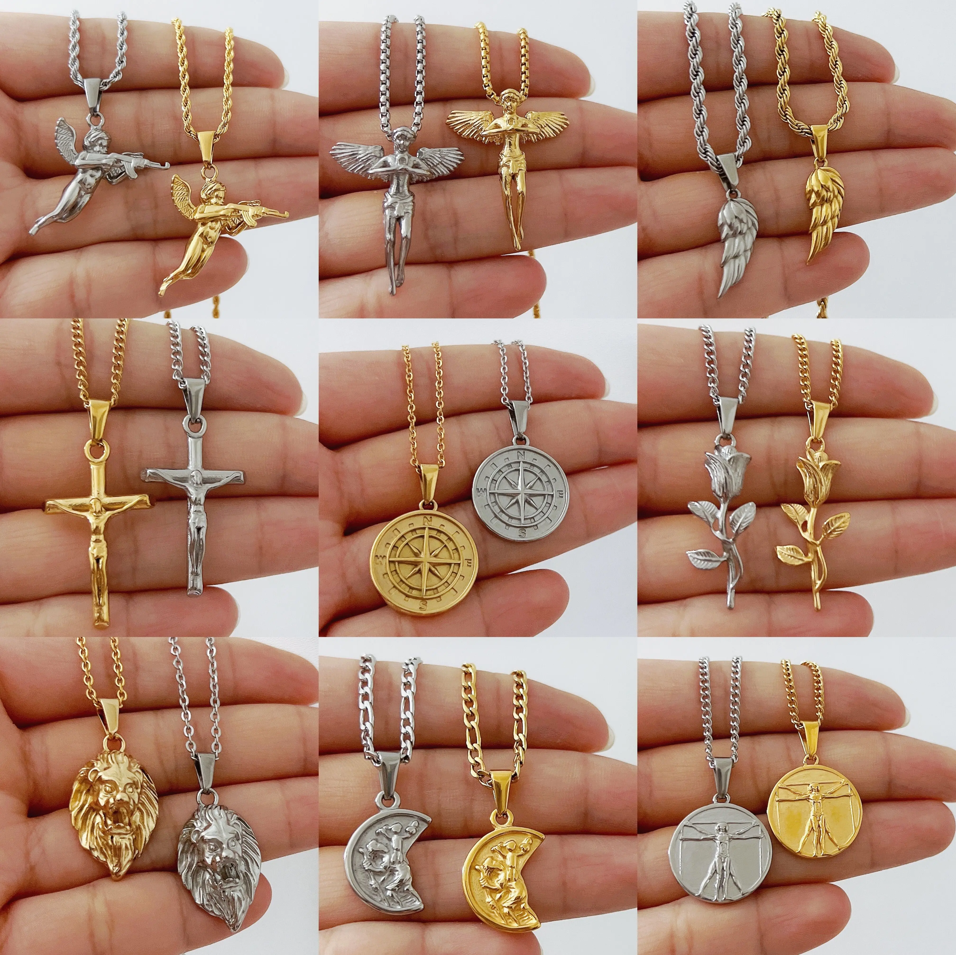 Collana Croce Crocifisso Con Zirconi, Catena Curb Link 50cm, Colori Argento E Oro, Gesù