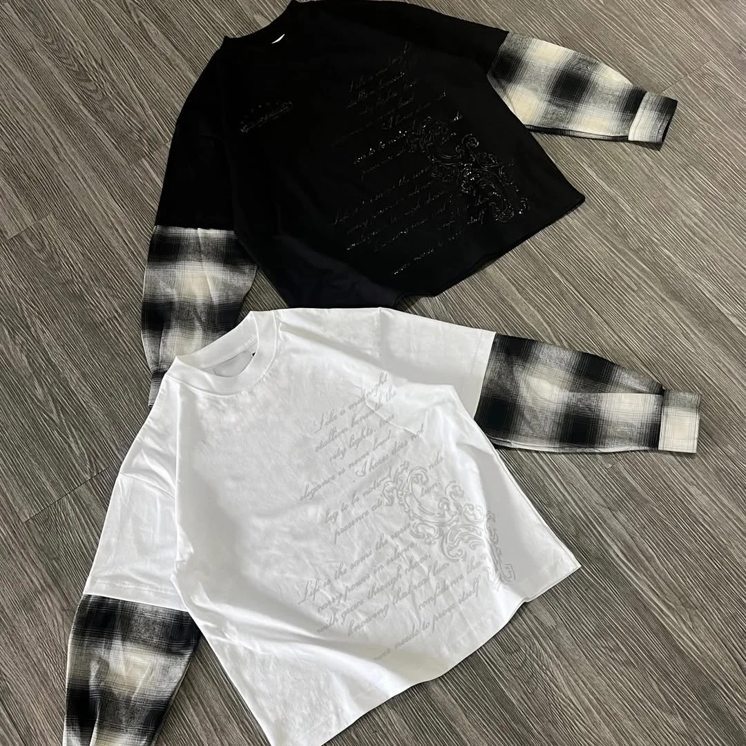 Pasop vintage skaakbordraglan langmou-t-hemp, mans se geknippte oorvulde swaar 100% katoen hemp met verhoogde 3D-pufdruk