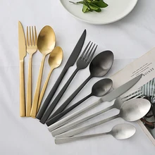 Nordic commercial stainless steel cutlery flatware matte gold colored silverware spoon fork set dinner knife