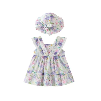 2024 new summer forest style baby girls dresses cute ruffles organic cotton sweet suspenders girls baby princess dress