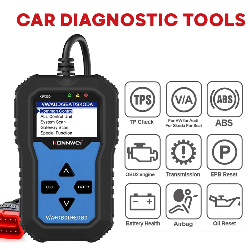 KONNWEI KW350 Full System Tester Engine Automatic OBDII Diagnostic Scanner ABS SRS Transmission Oil Reset Code Reader Features