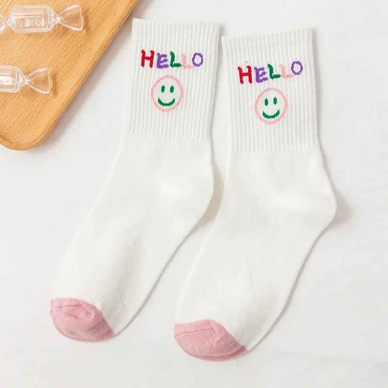 Spring Happy Face Socks Medias Cotton Basketball Smile Rainbow Sport Socks White School Girl Crew Socks Women