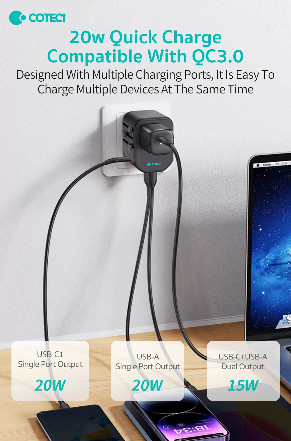 Coteci Gan 20w Pd Qc 3.0 Fast Charging Usb Wall Charger Uk Us Eu Au ...