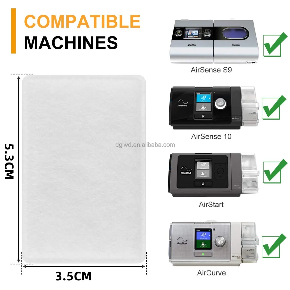 Medical Grade Disposable CPAP Filter with 5micron Porosity and 1 Year Warranty for Resmed Machines