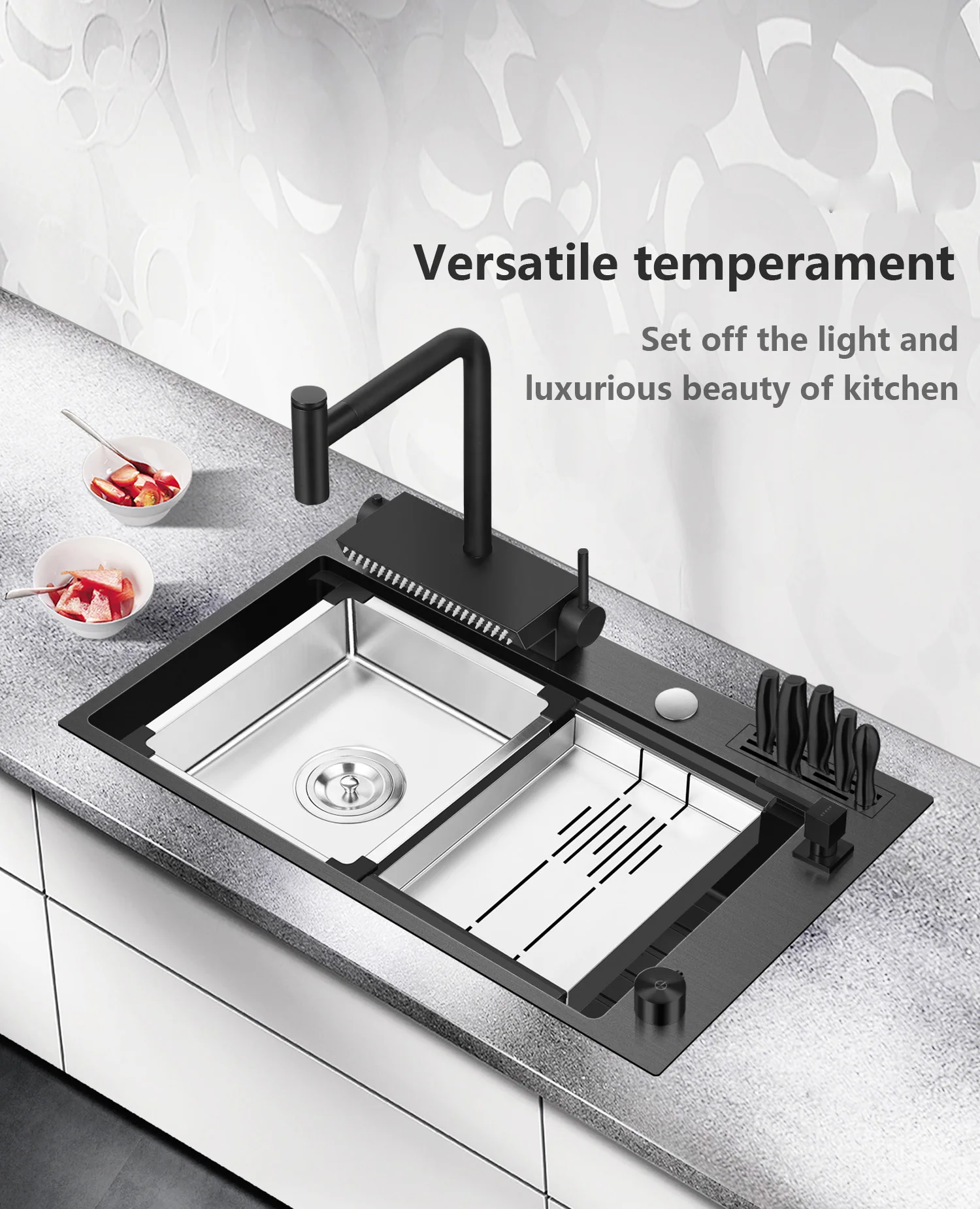 Nano Black Step Kitchen Sink Sus 304 Stainless Steel Handmade Above