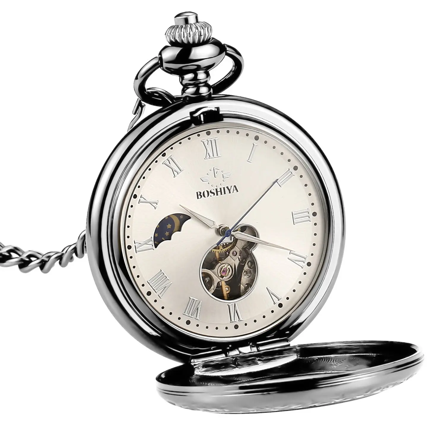 Jam Saku Skeleton Antik, Arloji Manual Otomatis Manual Manual, Perunggu  Perak Hitam Setengah Pemburu