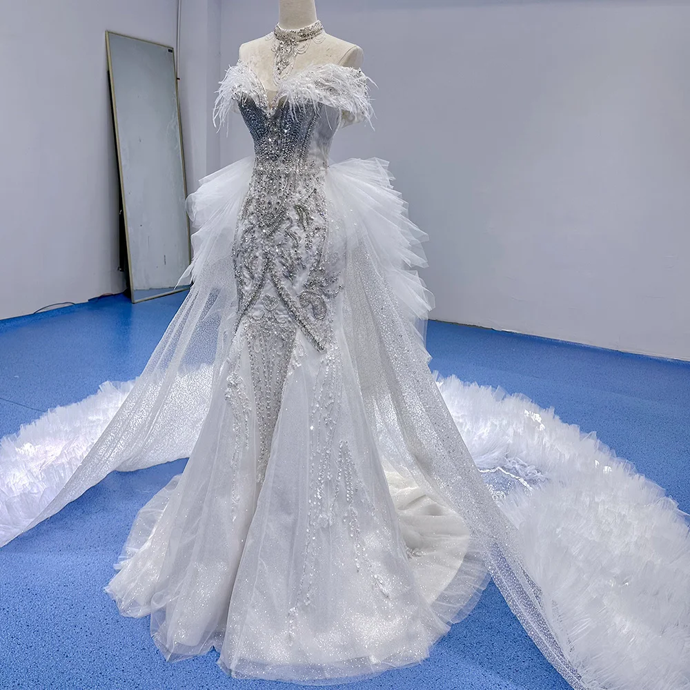 chinese dress ladies CD 57W Size 8 Off White Feather Embellished Glitter Mermaid Wedding Dress Bridal Gown V Neck Sheer main image 0