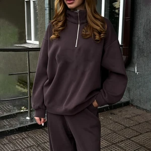 Factory Wholesale Winter Embroidered Brown Ribbed Collar Quarter Zip Waterproof Breathable Sweatshirt Women Casual Loose Fit