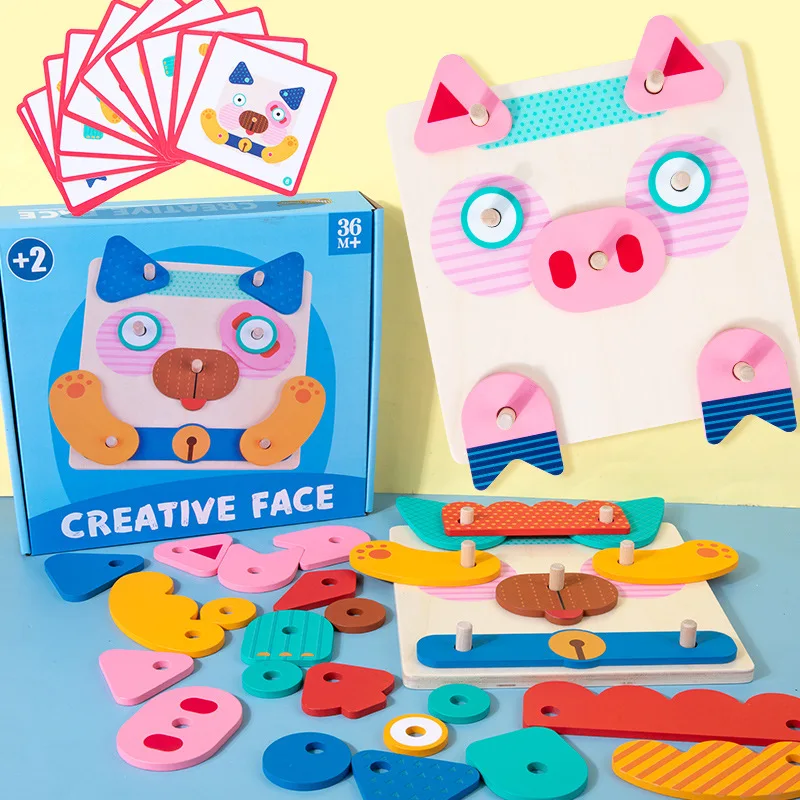 HOYE CRAFT Educational Toy Matching Expression Puzzle Assemble Blocks Toy Wooden Face Puzzle