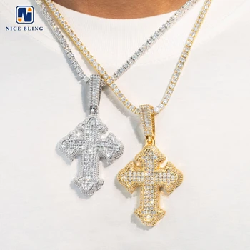 Iced out baguette cut diamond cross pendant wholesale hip hop jewelry gold plated 5a cubic zircon brass cross pendant and charm
