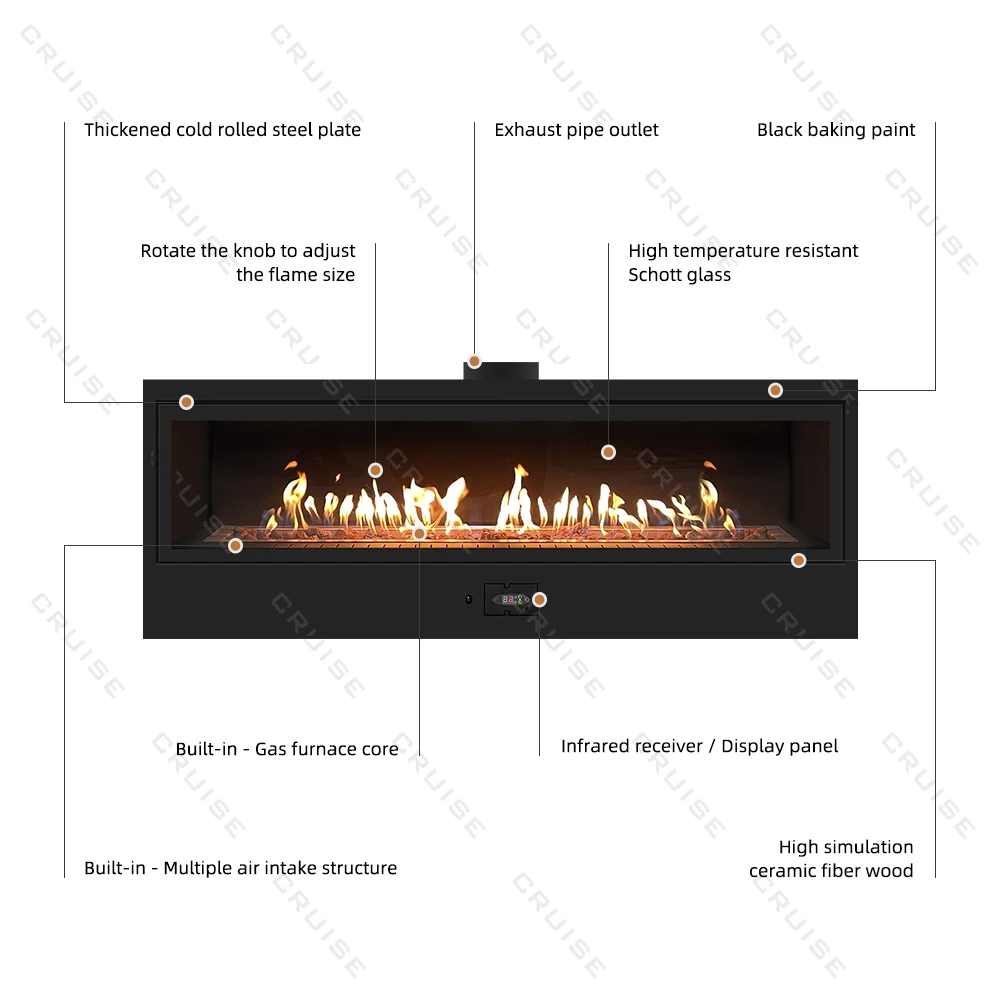 CRUISE Single/Double Row Flame Environmental Protection Clean Energy Fuels 1169mm Remote Control 3sided Linear Gas Fireplace