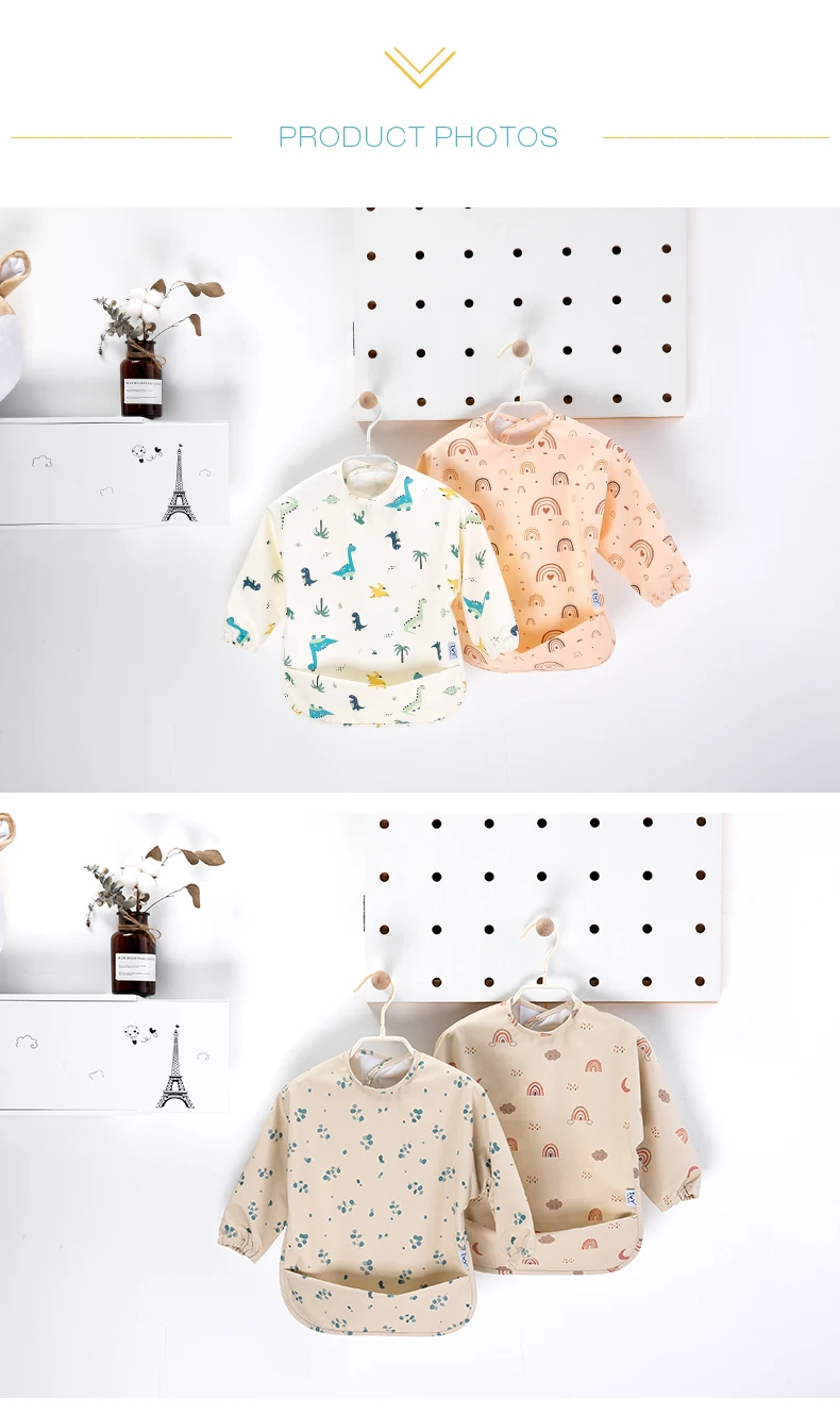 Baby PU Waterproof Bibs Infant Long Sleeve Drawing Apron Burp Cloths with Pocket Kids Feeding Bib Adjustable Baby Accessories details