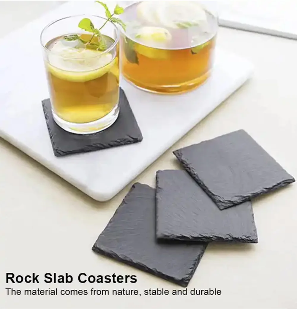 Wholesale Black Nonslip Drink Slate Stone Bulk Coasters Set Holder