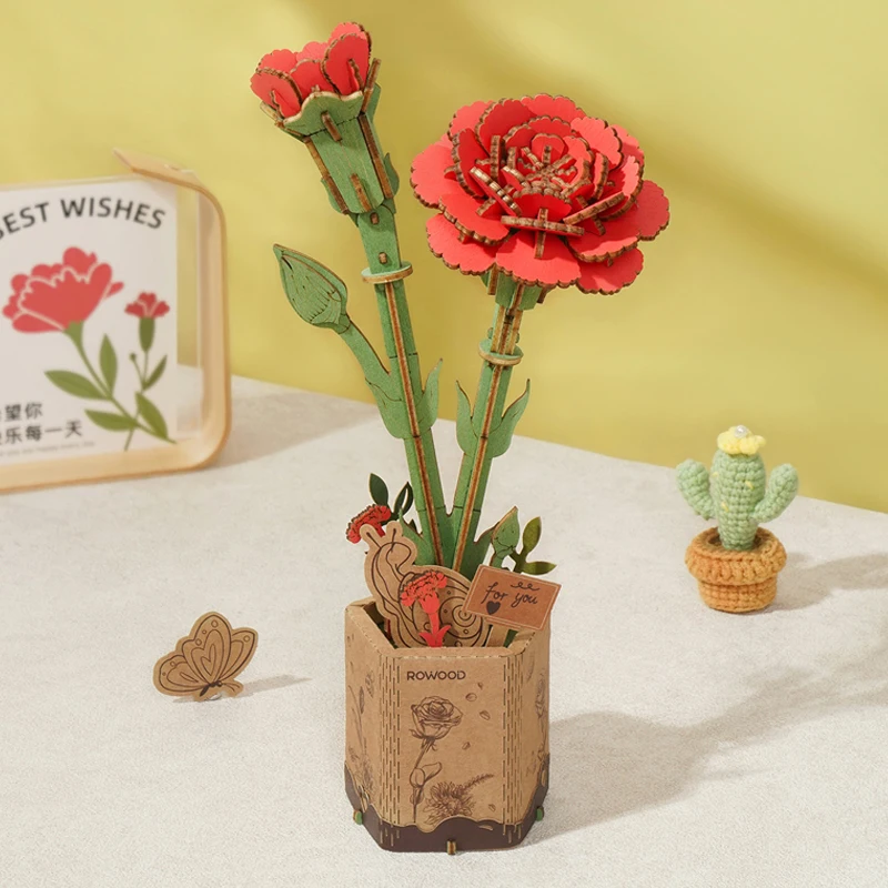 Robotime Wood Crafts Desktop Decoration Assemble Toys TW052 DIY 3D Wooden Red Carnation Puzzles