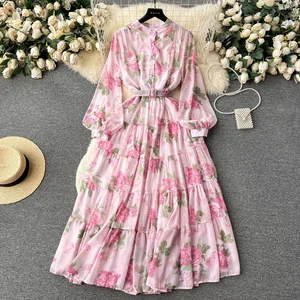 New Arrival Chic Sexy Casual Spring Autumn Breathable Eco-Friendly Sweet Floral Print Maxi Chiffon Women's Elegant Dress