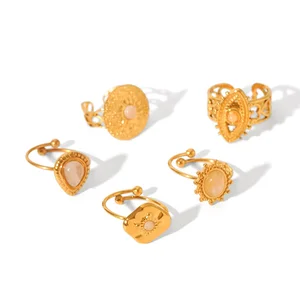 MW Stacking Style 18k Gold Plated Stainless Steel Sun Shape Natural Stone Dainty Adjustable Ring for Women Trendy Fashion Ring