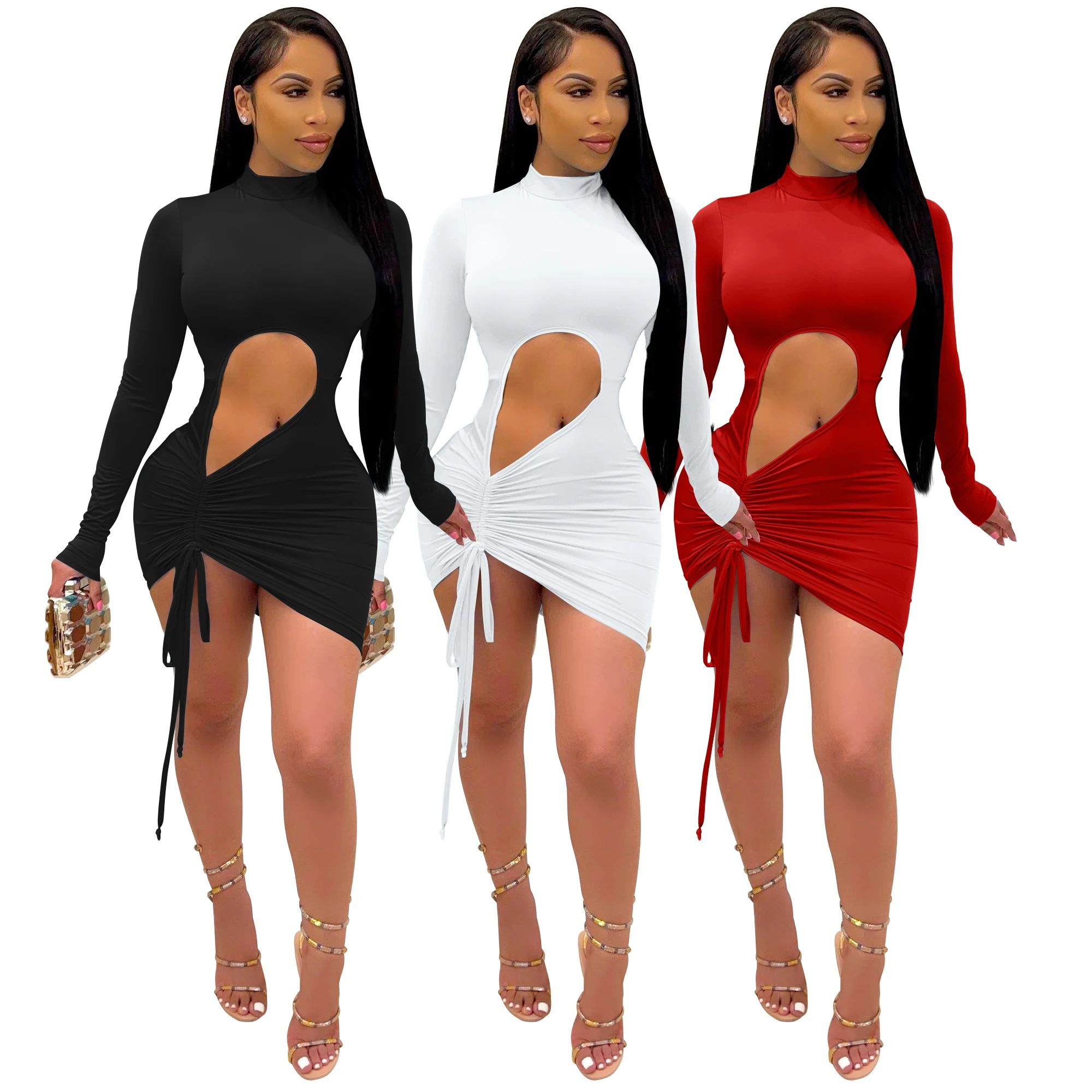 Cut Out Round Collar Drawstring Sexy Dresses Women Bodycon Backless One Shoulder Mature Women 